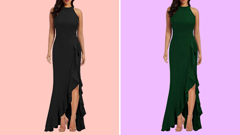 Two images of the same long halter-neck gown with floor-to-knee slit on the front. The first gown is black, the second is dark green.