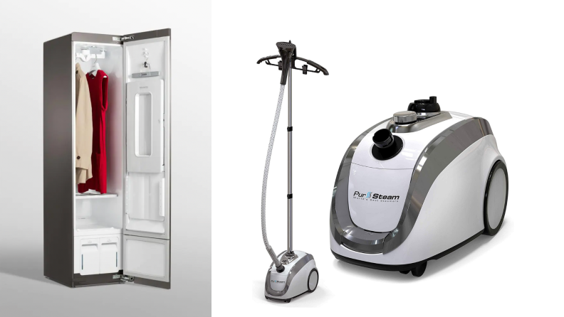 On the left, the LG Styler steamer closet. On the right, a Pursteam clothing steamer.