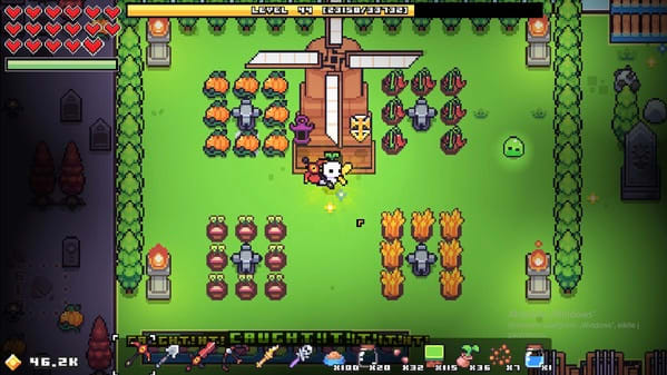 Una captura de pantalla del juego Forager, que muestra al personaje principal frente a un molino de viento, cargando un pico, a punto de cuidar sus cultivos.