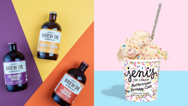 Bottles of kombucha and a pint of birthday cake ice cream.