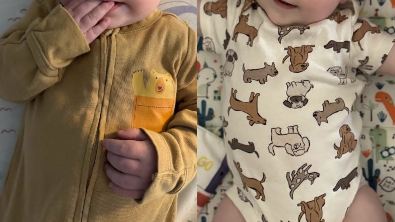 A photo collage of a small infant wearing a solid yellow onesie and a printed onesie covered in dogs from Old Navy.