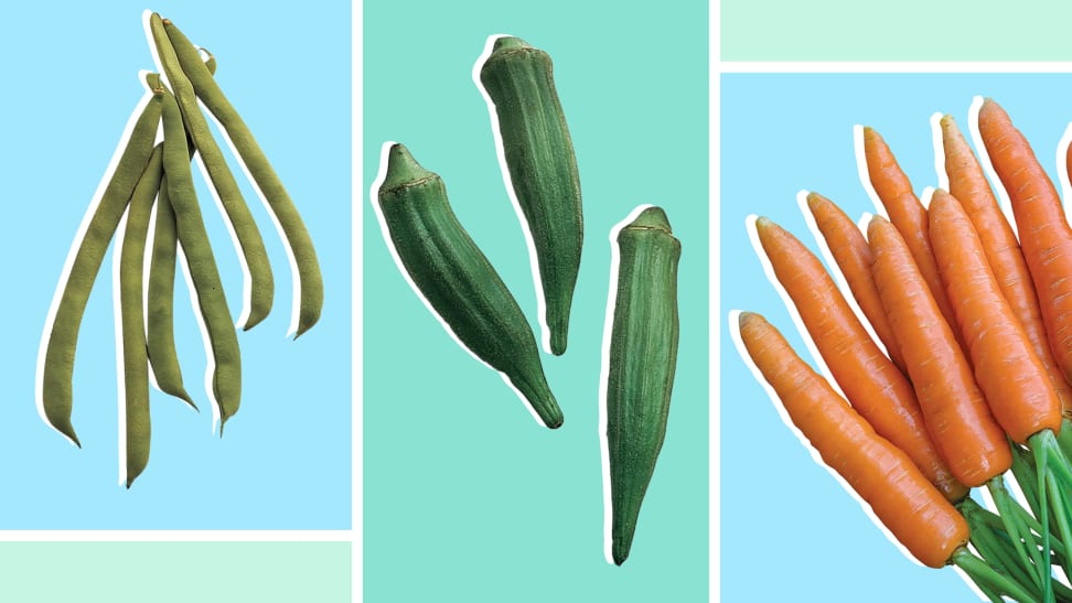 Collage of vegetables in front of a background.