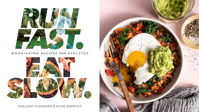 Left: book cover of Run Fast, Eat Slow. Right: plate of grains and veggies topped with an egg