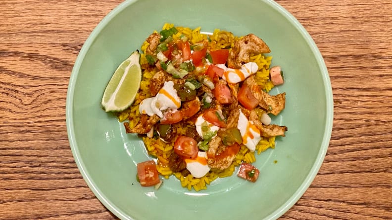 The rice gets its golden hue from turmeric.