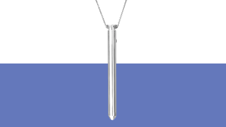 Product shot of the Crave Vesper bullet silver necklace vibrator.