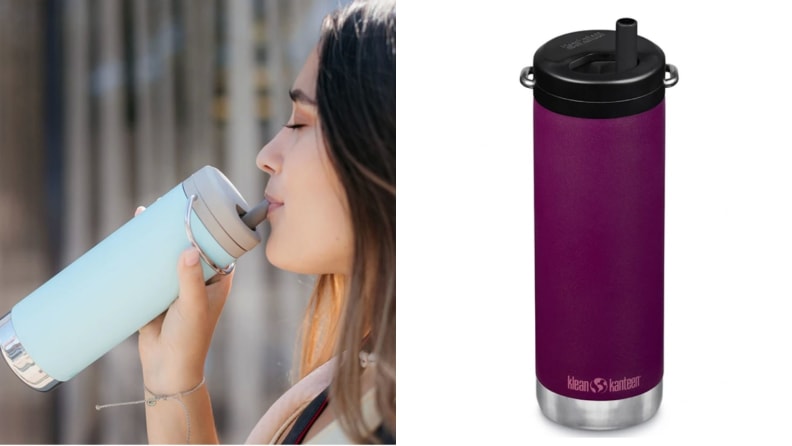 A woman drinks from a blue Kleen Kanteen. A berry-colored Kleen Kanteen.