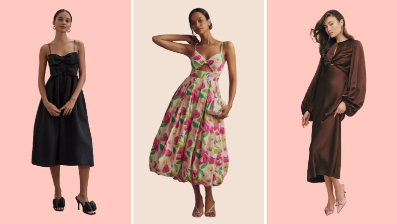 Collage image of a black midi dress with bows on the front, a gold and white floral print midi dress, and a black gown with long sleeves.