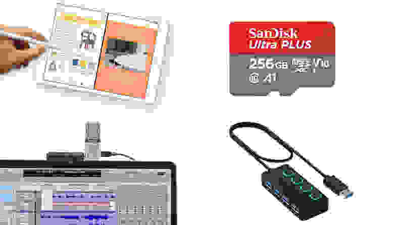 A composite image of an iPad, a microSD card, a microphone attached to a laptop, and a USB hub.