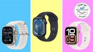 Three Apple Watches on colored backgrounds