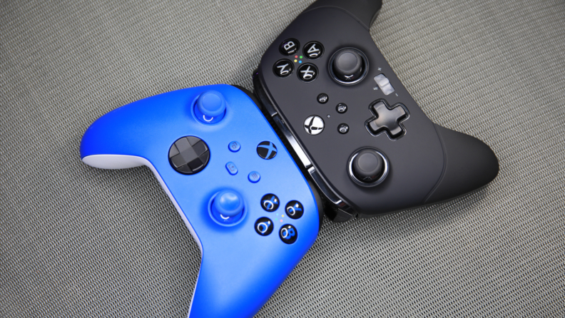 Overhead image of a blue Xbox Wireless Controller side by side with a PowerA Fusion 3 Pro Wired Controller.
