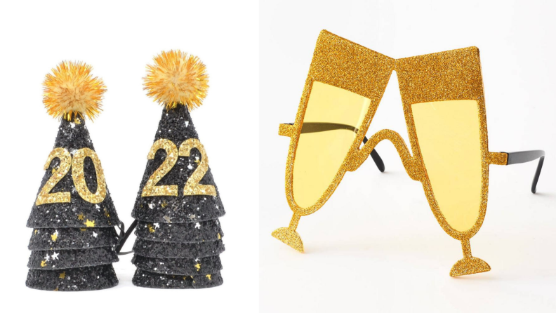 On the left, some glitter covered hats. On the right a pair of champagne themed glasses.
