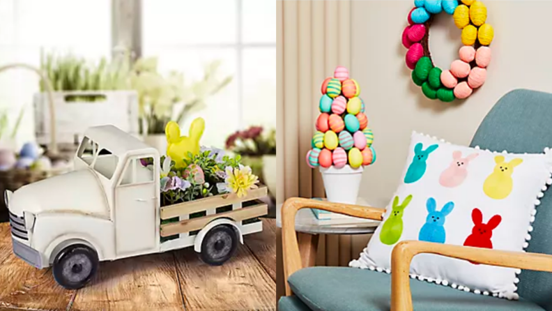 An image of a small wooden truck on a table carrying fake flowers and a small Easter bunny, alongside an image of a blue chair with an Easter bunny-studded pillow on it.