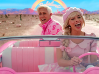 An image of Ryan Gosling and Margot Robbie as Ken and Barbie in a pink convertible in the film 'Barbie.'