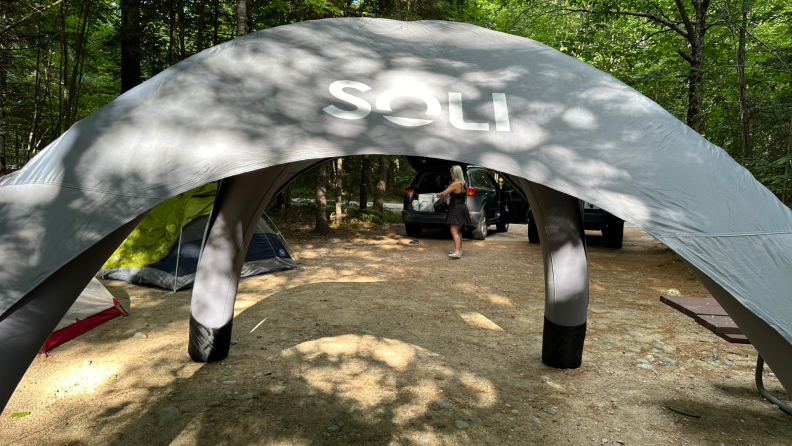 The SOLI tent all set up with the logo showing on the top.