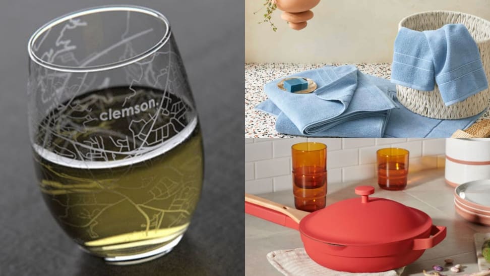 An etched glass, a set of towels, an Always Pan