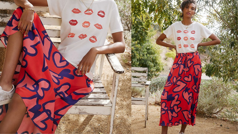 model wearing skirt with hearts on it