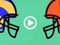 An image of two football helmets facing one another with a circular 