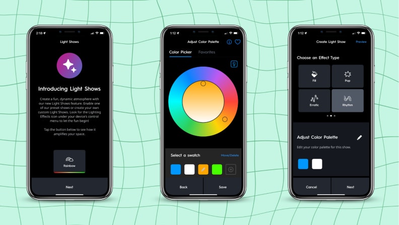 Three screenshots of the lighting adjustment features through the Cync smart phone app.