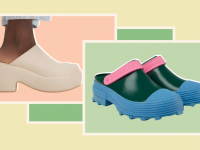 Everlane and Camper clogs on a multicolored background.