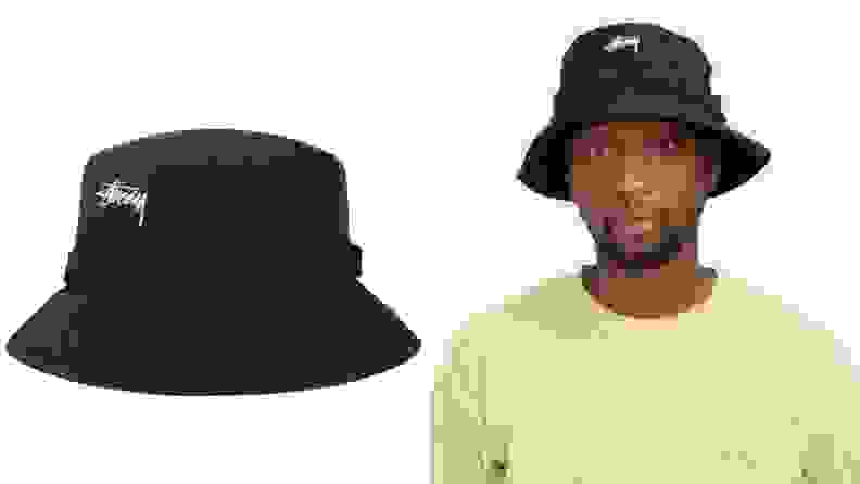 black bucket hat, navy bucket hat