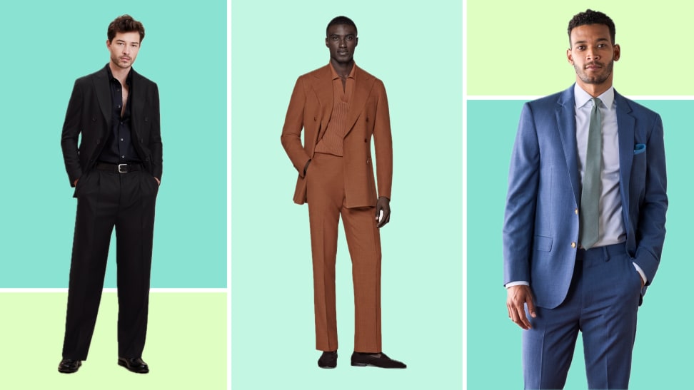 Three suits, one in black, one in orange, and one in medium blue.