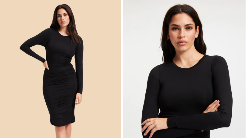 Model wears a black midi dress with long sleeves.