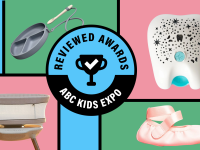 Four products from the ABC Kids Expo on a pink, green, and blue background