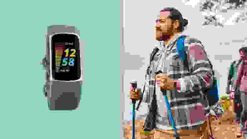 Closeup of a Fitbit and an image of a person hiking.