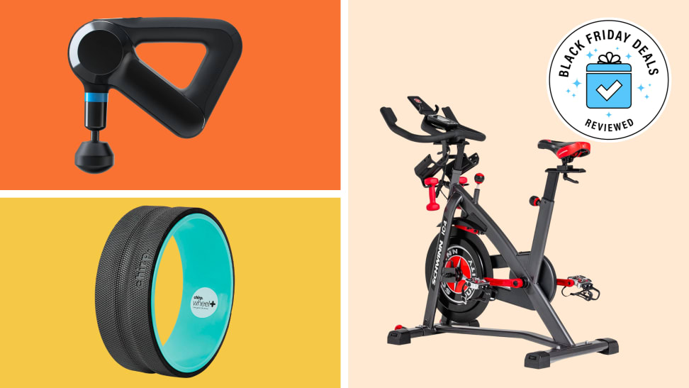 Massage gun, fitness bike, and fitness wheel on a colored background