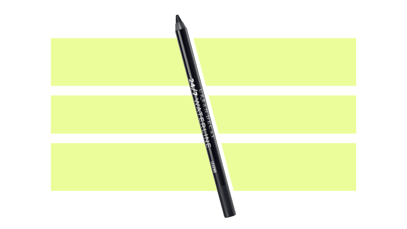 Urban Decay 24/7 Waterline Eyeliner Pencil in Legend against a green and white background.