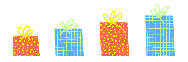 Illustration of a row of four wrapped gifts ranging from small to large