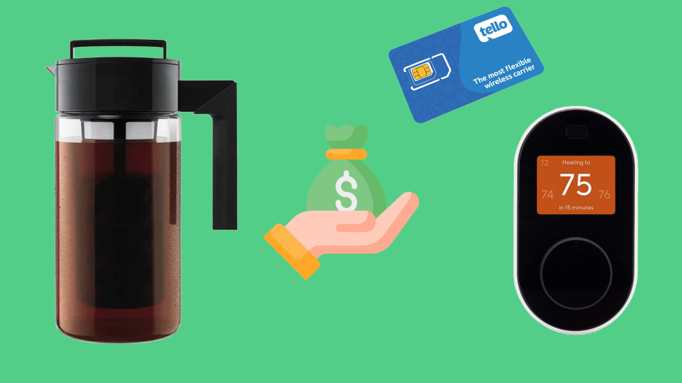 cold brew maker, phone card, smart thermostart on green background