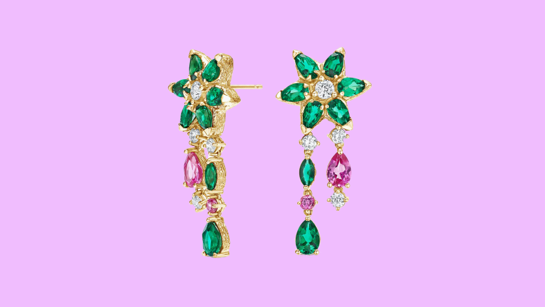 pink, green and diamond drop earrings