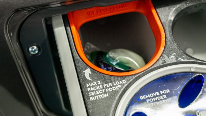 A Tide pod in the dispenser of the Electrolux ELFW7637AT.
