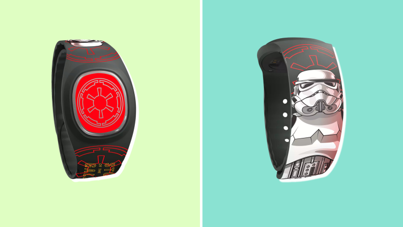 Two black bands with colorful Star Wars designs against a green background.
