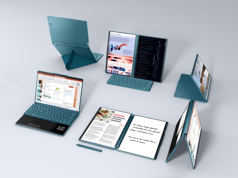 A flexible laptop shown in a variety of open and closed positions.