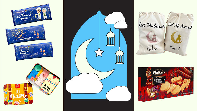 A selection of the best Eid gifts for kids including personalized chocolate, bags, puzzles, and cookies.