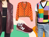 An image of a maroon leather blazer on a model, an orange and checked cardigan above a red New Balance 574 shoe, and a model wearing a colorblocked sweater vest on an orange, green, tan, and pink background.