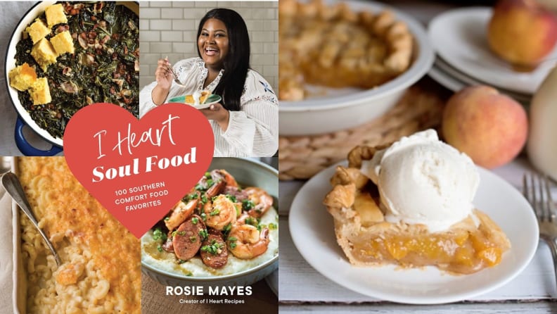 Izquierda: Portada del libro de cocina I Heart Soul Food.  A la derecha hay un trozo de tarta de manzana en un plato de helado.