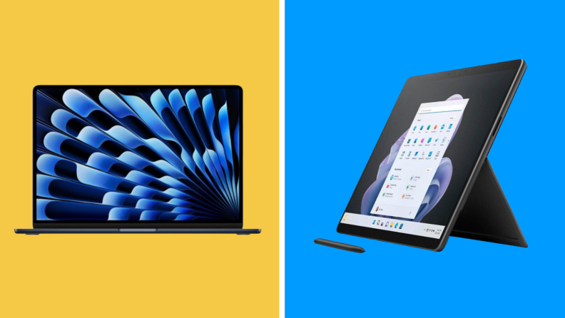 Apple laptop and Microsoft touch screen laptop on gold and blue background