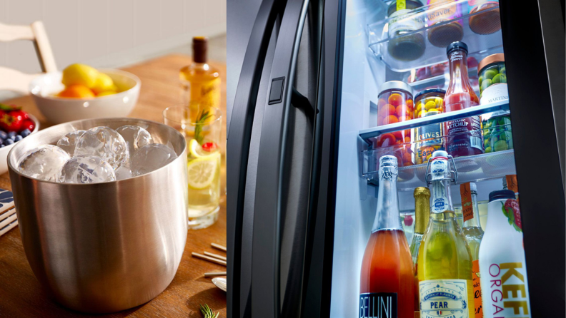 An image of a bucket of large round ice cubes alongside an image of a fridge door with a viewing window that features bottles of juice and wine within.