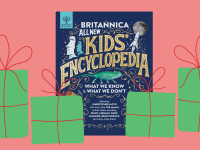 A Britannica Kids Encyclopedia with gift illustrations around it on a red background