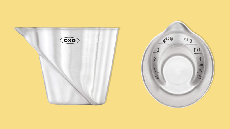 OXO Steel Angled Measuring Jigger on yellow background.