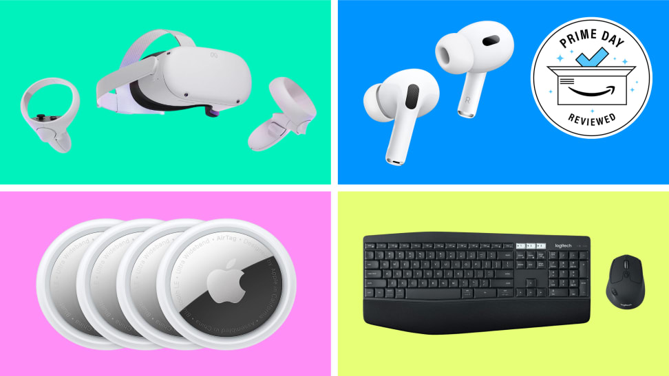 A four quadrant banner with a meta quest 2, airpods, airtags, and keyboard and mouse