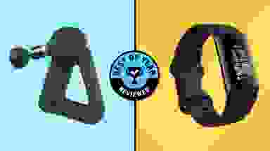 Side-by-side image of the Therabody Theragun Elite and the Fitbit Charge 6 in black with Reviewed's Best of Year logo  in the center.