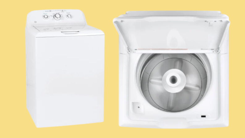 A full shot of the GE GTW335ASNWW top-load washing machine with pole agitator in a white void