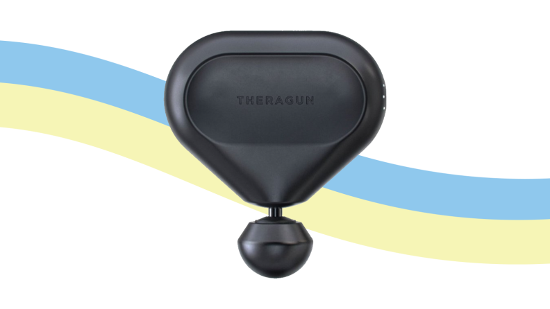 Theragun mini Handheld Percussive Massager on a rainbow background
