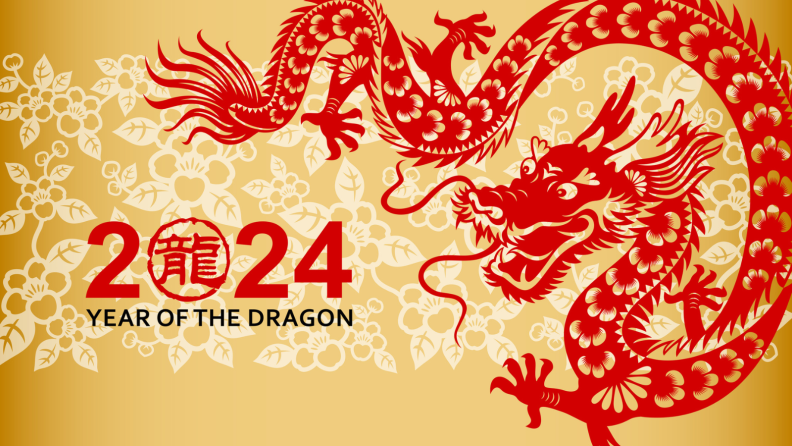 Illustrated image of a Chinese dragon with "2024 Year of the Dragon" text