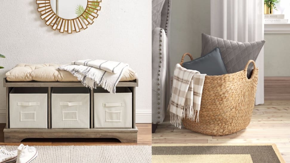 Front Entry Storage Bench and Wicker Basket