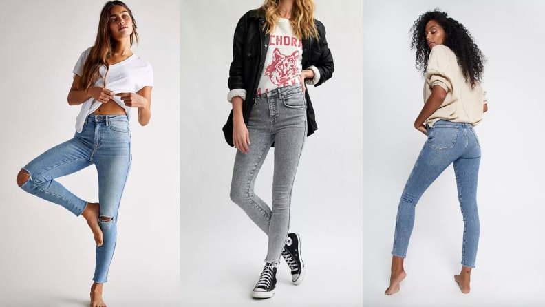 Models wearing three different shades of distressed jeggings.